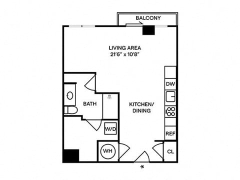 Floor plan for studio, 1 bath, 624 sqft